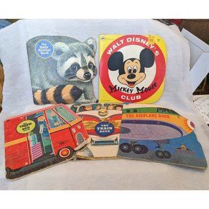Vtg 70s Golden Shape Book Lot Airplane Train Bus Mickey Mouse Baby Animal Disney